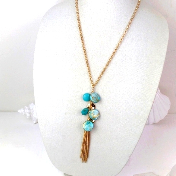 Gold & Marbled Turquoise Like Stone Fringed Beachy Vibe Lariat Bolo Necklace - Picture 4 of 12